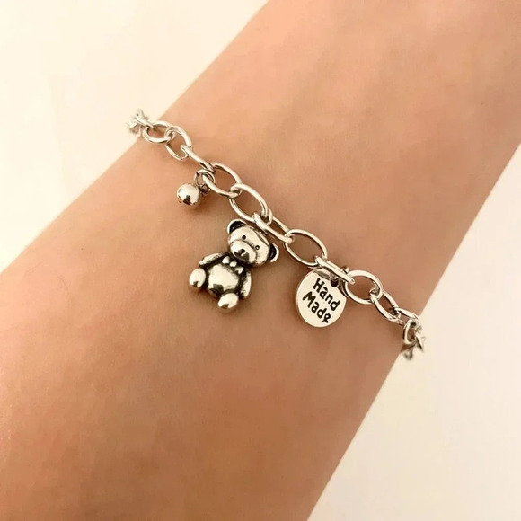 925 Sterling Silver Teddy Bear Charm Bracelet Minimalist Dainty Link Bracelet - Picture 1 of 5